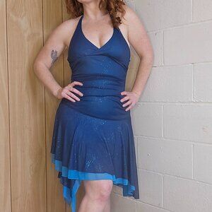 y2k McBling Fairycore Coastal Mermaid Blue Glitter Tie Halter Mid Cocktail Dress
